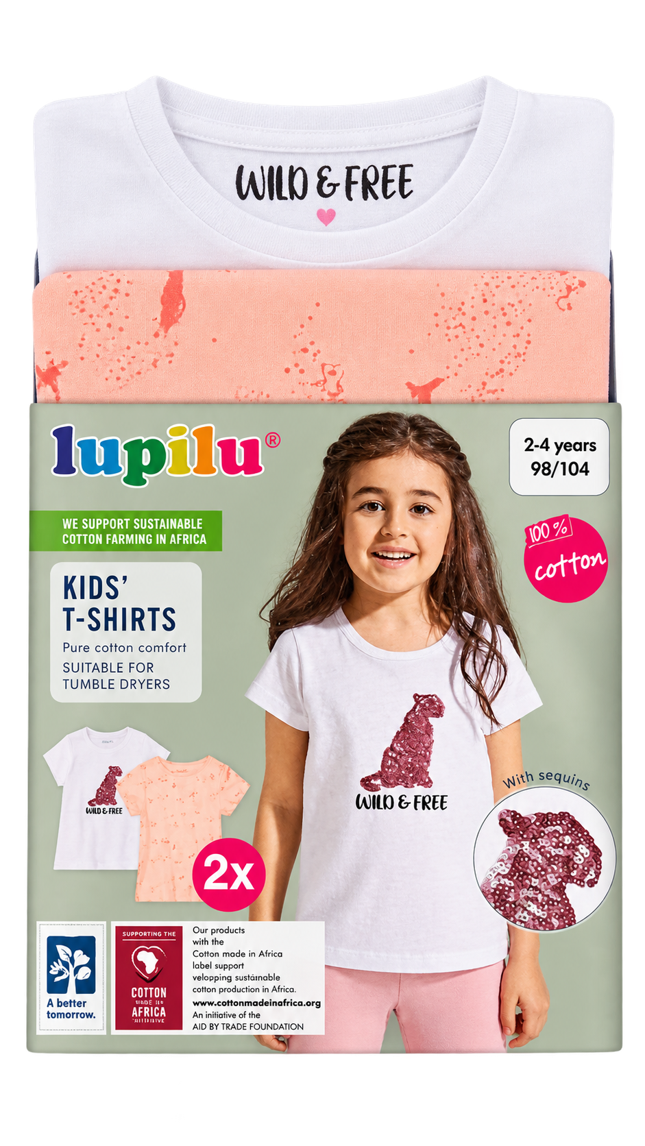 Lupilu Girls’ Cotton T-Shirts – 2 Pack