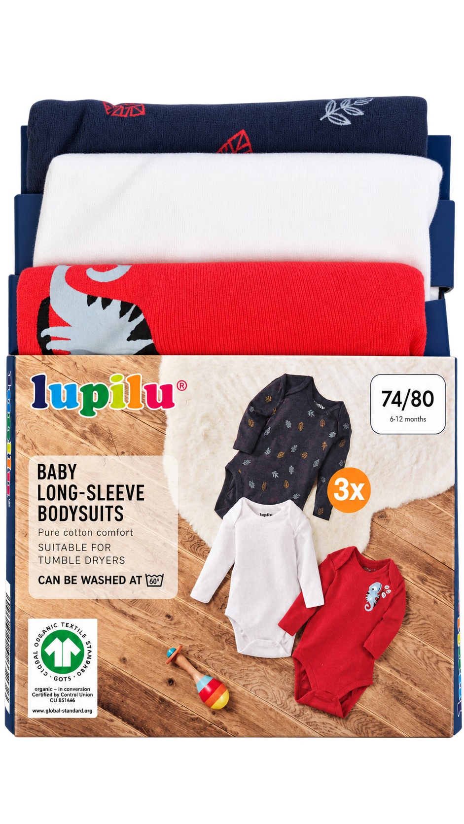 Lupilu Baby Long-Sleeve Bodysuits 3-Pack