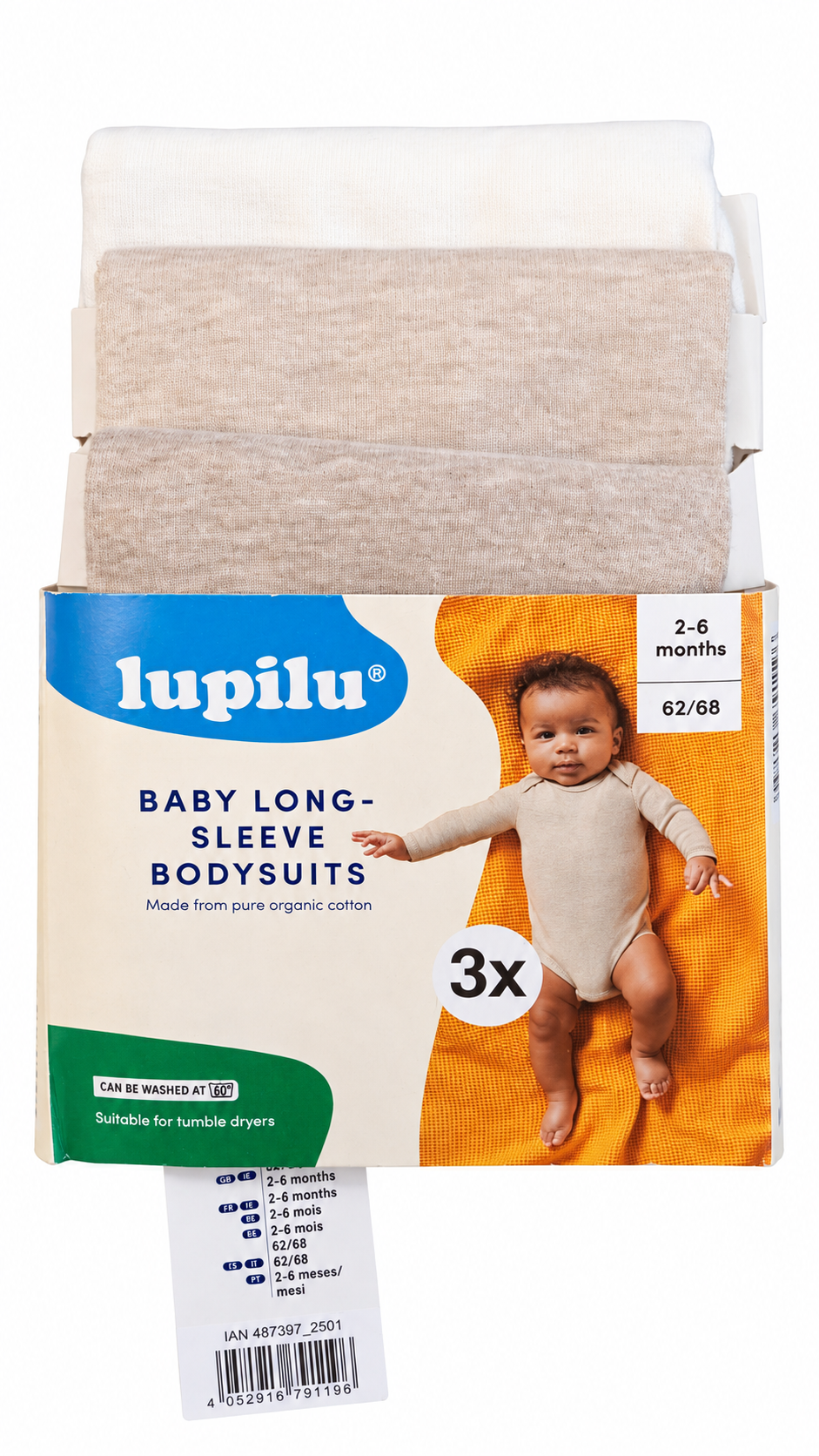 Lupilu Baby Long-Sleeve Bodysuits – 3 Pack
