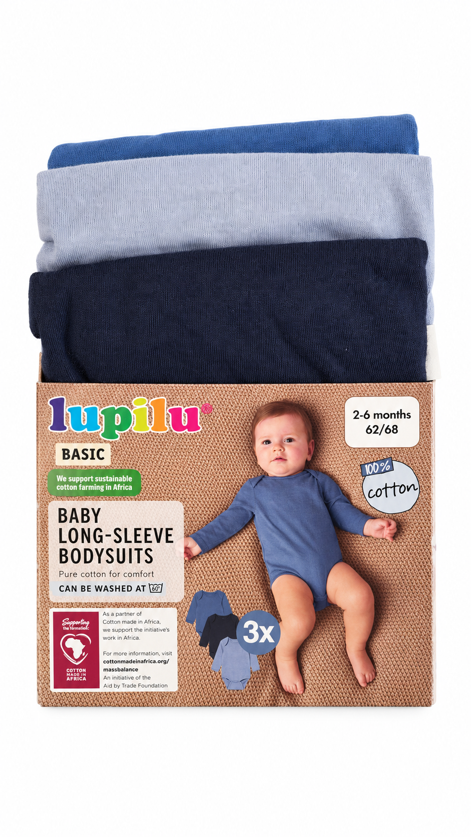 Lupilu Baby Long-Sleeve Bodysuits – 3 Pack