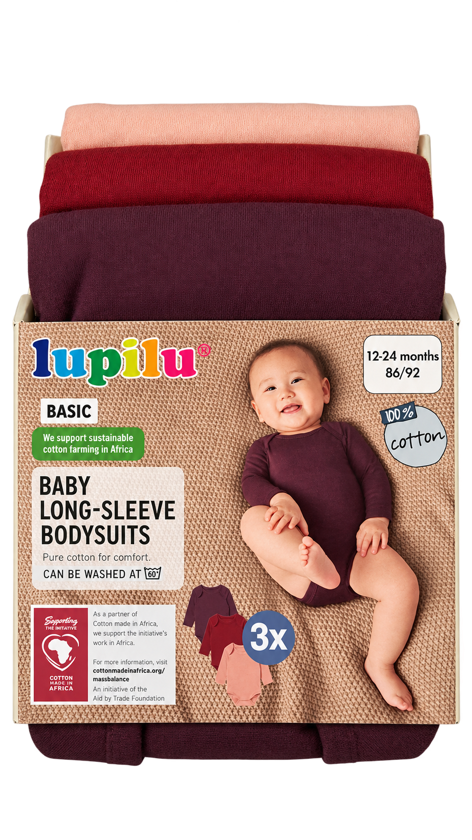 Lupilu Baby Long-Sleeve Bodysuits – 3 Pack