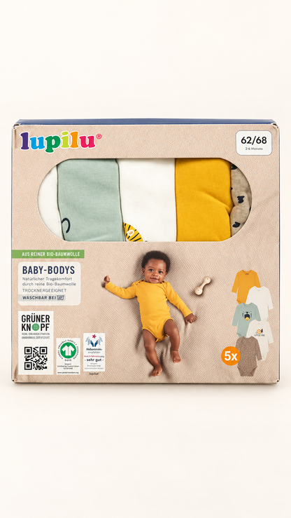 Lupilu Baby Long-Sleeve Bodysuits – 5 Pack