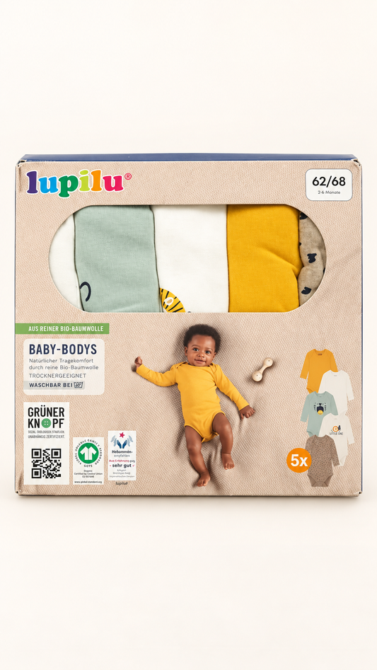 Lupilu Baby Long-Sleeve Bodysuits – 5 Pack