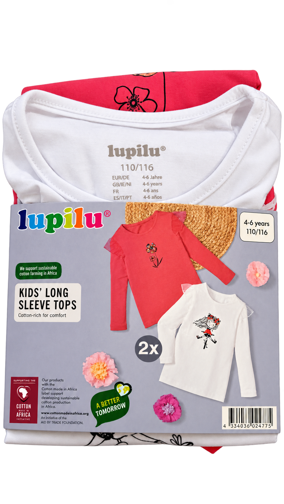 Lupilu Girls’ 2-Pack Long Sleeve Tops – Pink & White