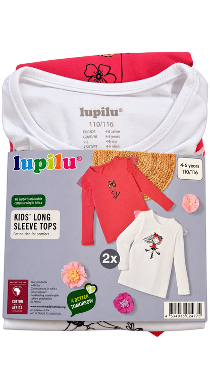 Lupilu Girls’ 2-Pack Long Sleeve Tops – Pink & White