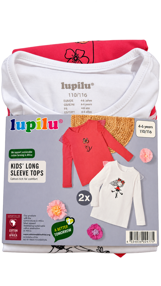 Lupilu Girls’ 2-Pack Long Sleeve Tops – Pink & White