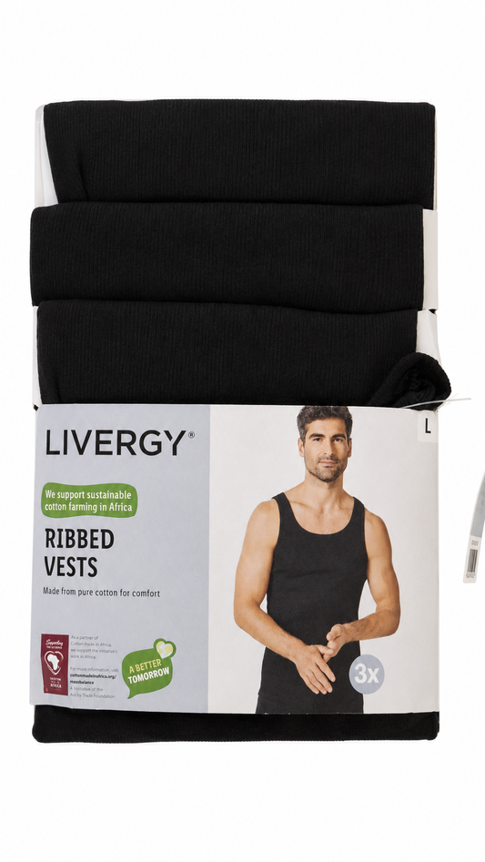 Livergy Men’s 3-Pack Ribbed Vests - Black