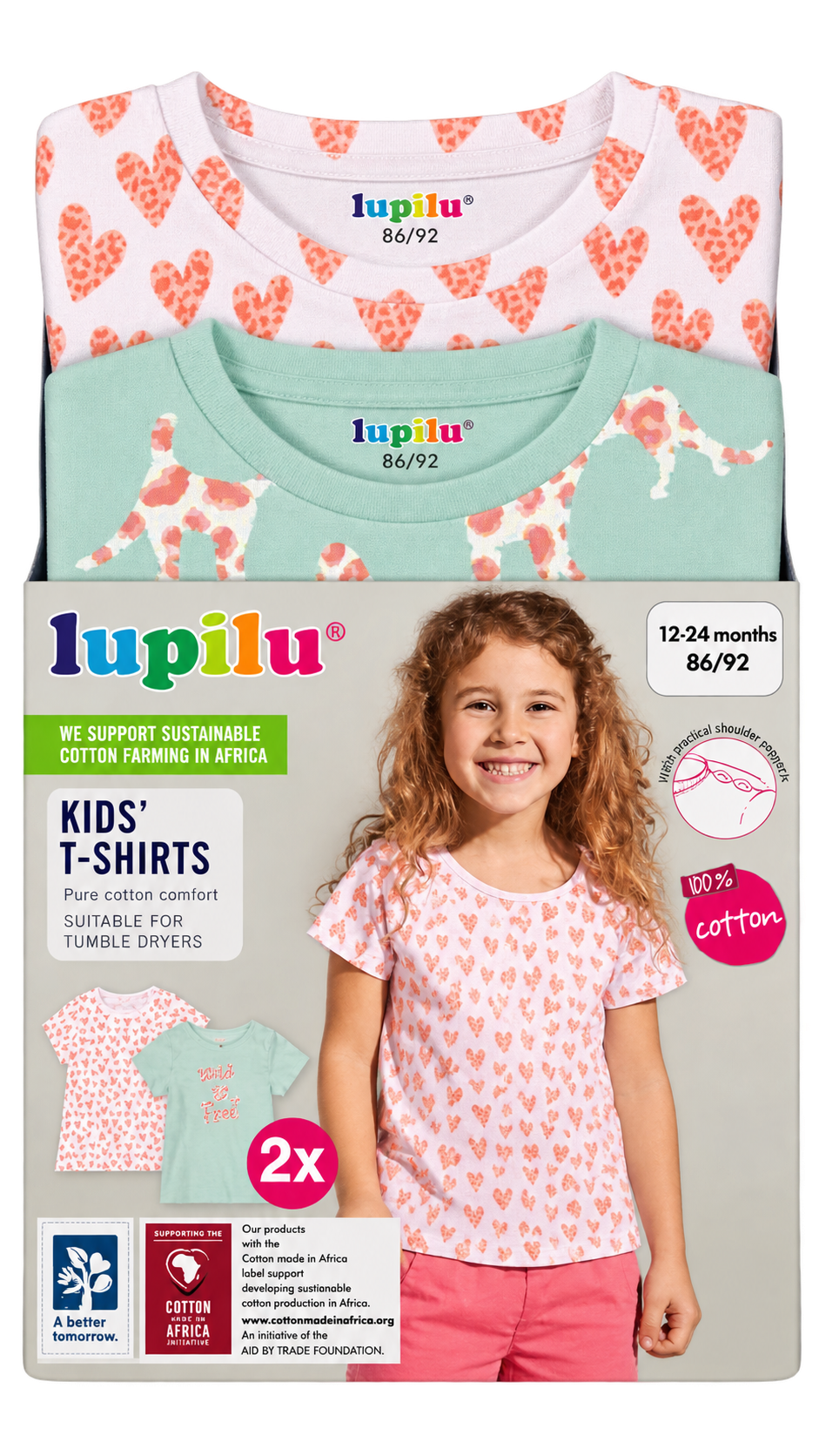 Lupilu Girls’ Cotton T-Shirts – 2 Pack