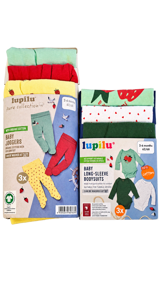 Lupilu Baby Organic Cotton Joggers – 3 Pack + Lupilu Baby Long-Sleeve Bodysuits – 3 Pack (3 Sets)