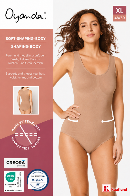 A woman modeling a nude shaping bodysuit against a white studio background, with a large pink and white product information panel on the left. The brand name Oynda is visible at the top, and the bodysuit color is labeled XL 48/50.