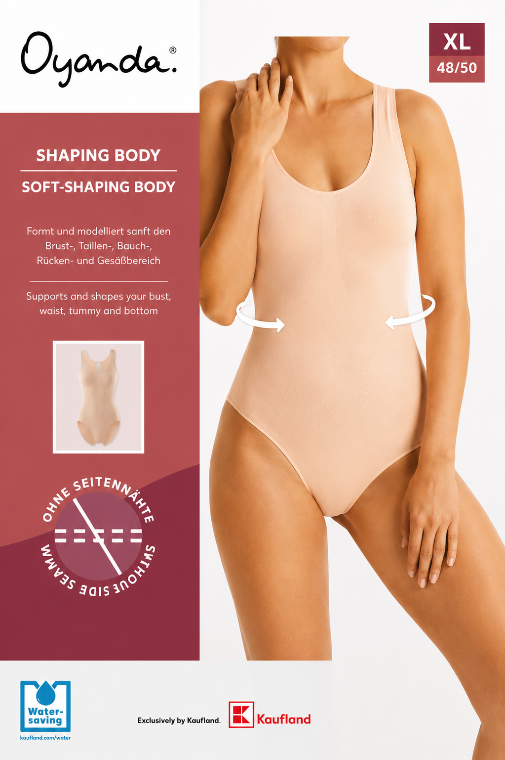 Oyanda shaping bodywear in soft-shaping and shaping body styles, shown on a model wearing a light beige bodysuit. The packaging-style graphic includes text for sizes XL 48/50, arrows indicating shaping effects, a small inset of a torso before/after effect, and logos for Oyanda, WIP saving, and Kaufland.