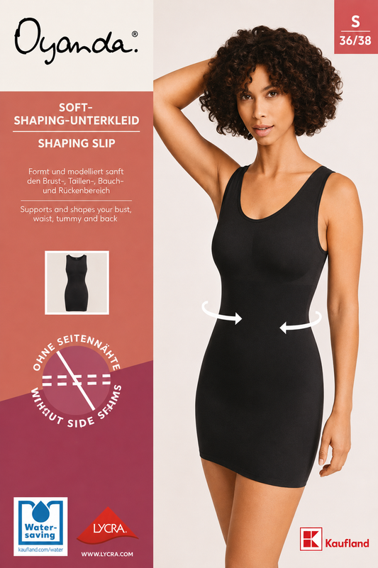 A model wearing a black Oyanda soft-shaping underbust shapewear slip against a light beige background with product information panels on the left. The image includes size text 'S 36/38', arrows indicating side shaping, and logos for Oyanda, Lybra, and Kaufland.