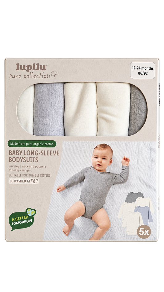 Lupilu Baby Long-Sleeve Bodysuits 5-Pack – Neutral Colors