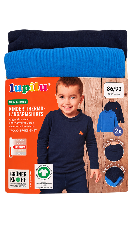 Lupilu Kids’ Thermal Long-Sleeve Tops 2-Pack – Navy & Blue