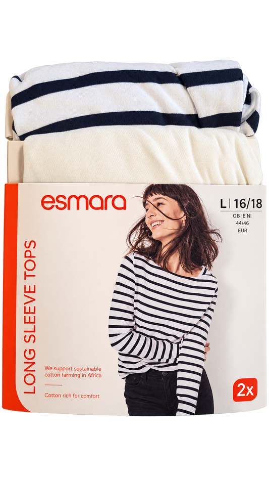 Esmara Women’s Long-Sleeve Tops 2-Pack – White & Black Stripe