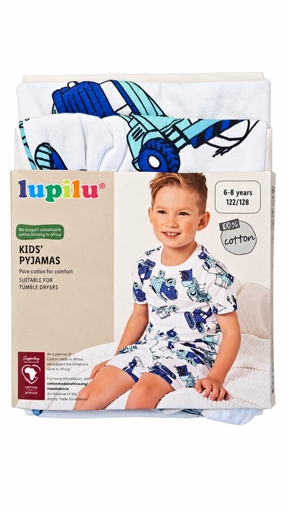 Lupilu Kids’ Vehicle Print Pyjama Set – White & Blue