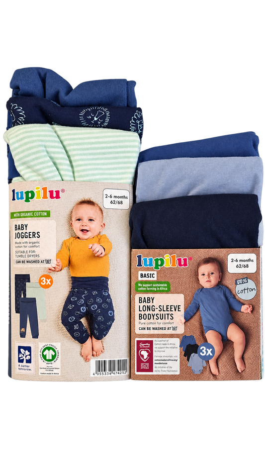 Lupilu Baby Joggers & Long-Sleeve Bodysuits Set – Blue Mix (3 sets)