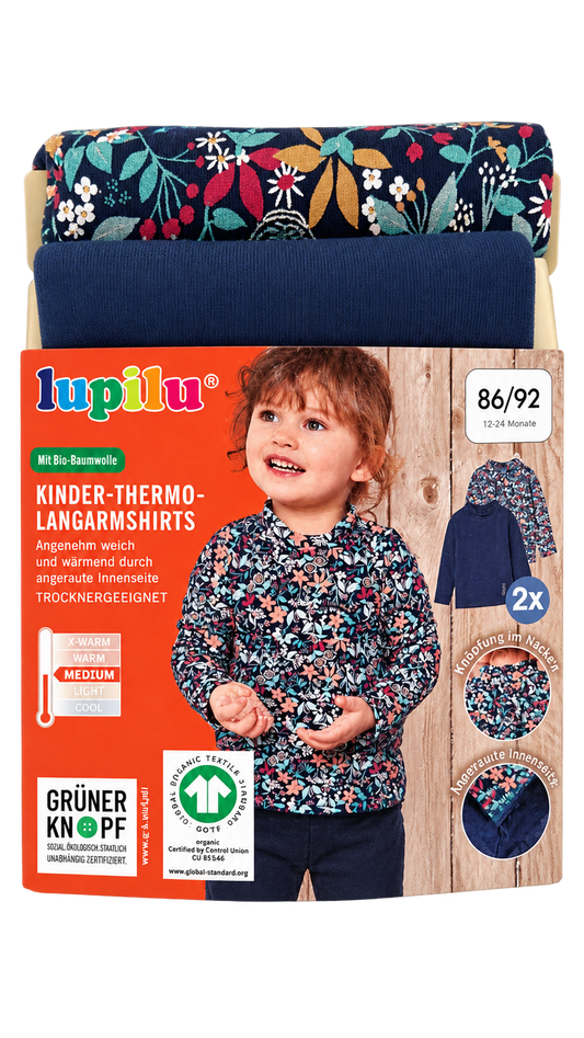 Lupilu Kids’ Thermal Long-Sleeve Tops 2-Pack – Navy & Floral