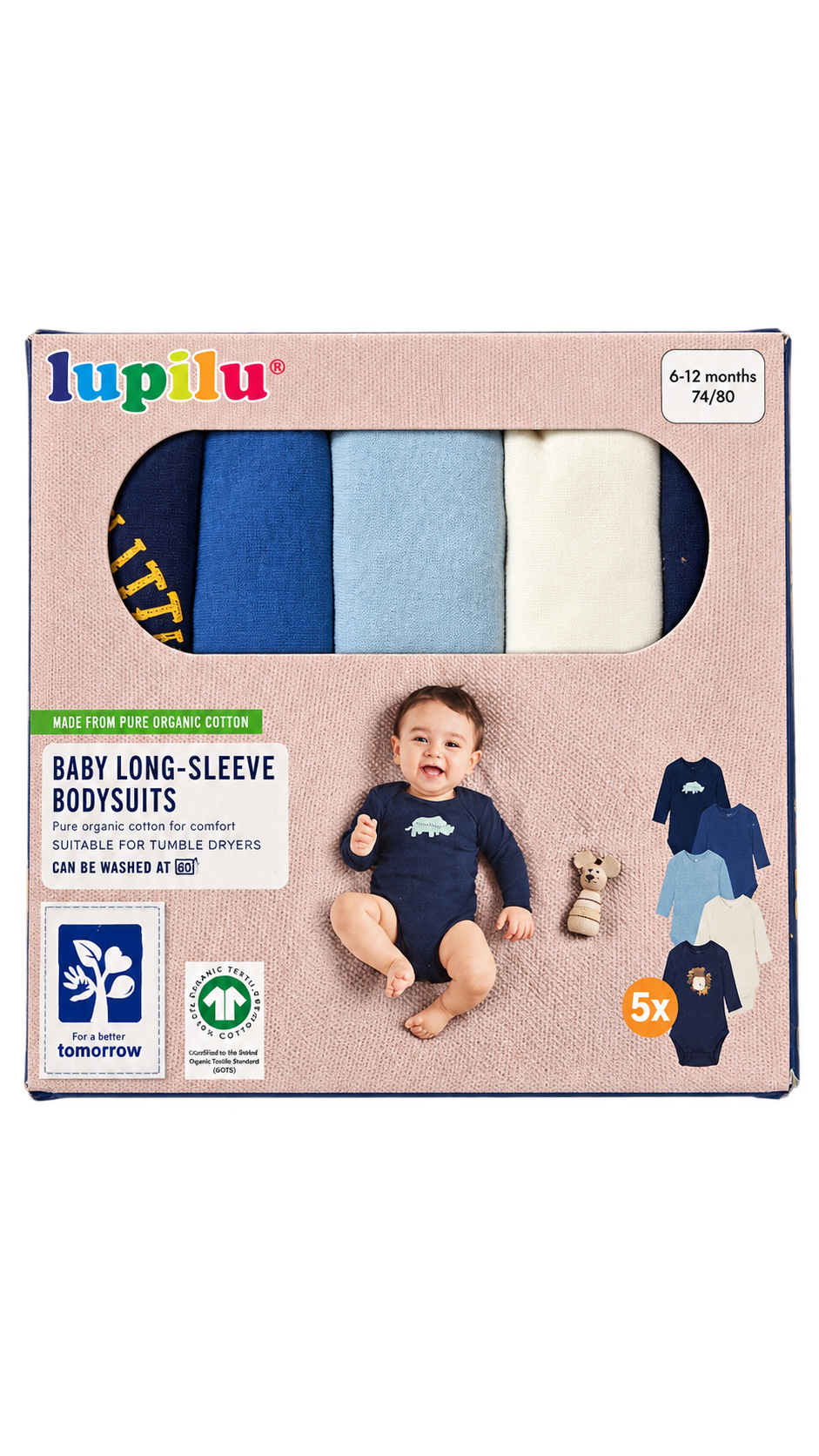 Lupilu Baby Long-Sleeve Bodysuits – 5 Pack